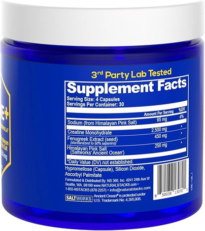 Creatine Monohydrate - 2500mg Creatine Pills - 450mg Fenugreek Extract & 250mg Himalayan Pink Salt - Supports Brain Health, Endurance & Muscle Building - Advanced Absorption Formula - 120 Capsules