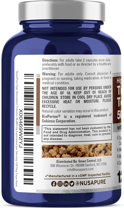 NusaPure Tribulus Terrestris 50:1 Extract, 1000 mg Equivalent to 50,000mg| 120 Veggie Caps | 95% Steroidal Saponins | Non-GMO, Bioperine