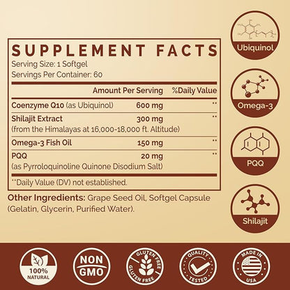 Ubiquinol CoQ10 600 MG Softgels with Omega-3 & Shilajit & PQQ, Advanced Dual-Delivery Coenzyme-Q10, Active CoQ10 Ubiquinol Supplement for Fertility, Antioxidant, Heart, Brain & Energy, 600 Servings