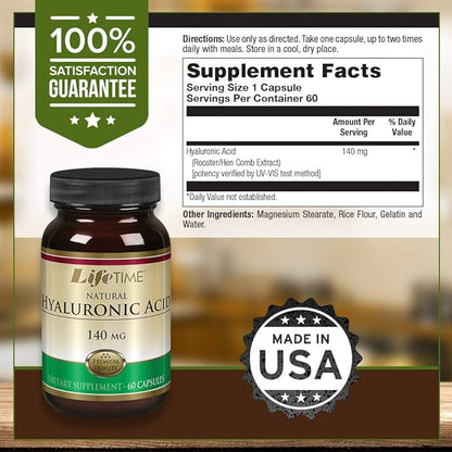 LIFETIME Natural Hyaluronic Acid | Supports Healthy Skin & Joints | Skin Hydration, Joint Lubrication| Made in Our own Facility | 140mg | 60 Capsules