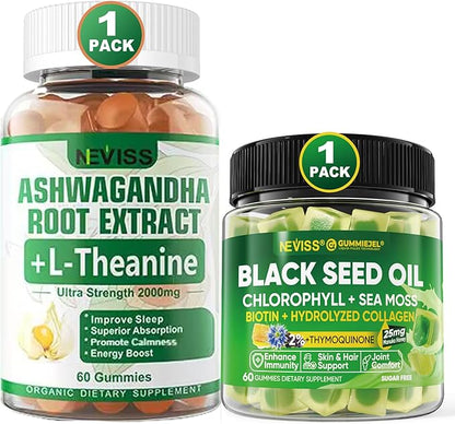 NEVISS Black Seed Oil Gummies, Chlorophyll & Sea Moss Supplement 500mg Ashwagandha Gummies 2000mg