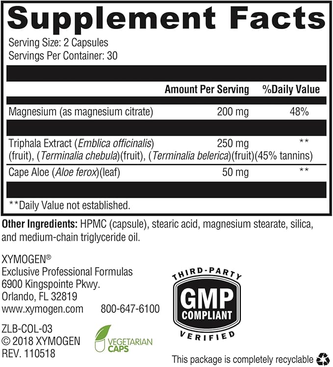XYMOGEN ColonX - Supports GI Motility, Stool Bulk, Digestion, Assimilation, and Elimination - Triphala Supplement with Magnesium Citrate, Cape Aloe (60 Capsules)
