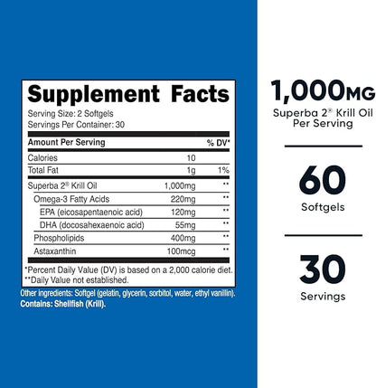 Nutricost Krill Oil 1000mg, 60 Softgels - Omega-3 EPA-DHA Krill Oil Supplement, with Superbakrill