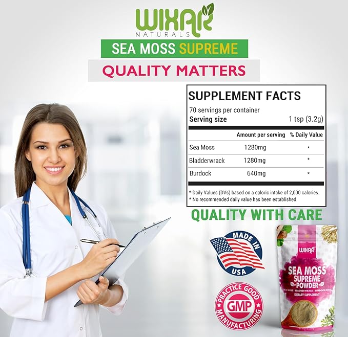Wixar Wildcrafted Sea Moss Powder – (8 Ounces) – Natural Irish Sea Moss and Bladderwrack with Burdock Powder - Thyroid Support, Healthy Skin, Keto Detox, Joint Support Alkaline Supplements