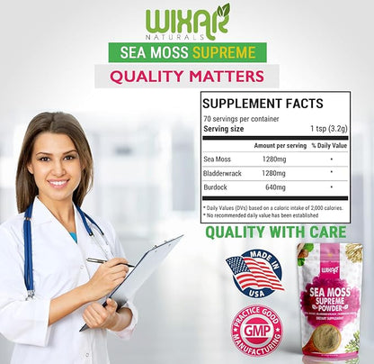 Wixar Wildcrafted Sea Moss Powder – (8 Ounces) – Natural Irish Sea Moss and Bladderwrack with Burdock Powder - Thyroid Support, Healthy Skin, Keto Detox, Joint Support Alkaline Supplements