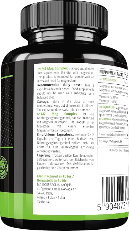Magnesium Complex - 200 mg Elemental Magnesium per Daily Dose - 120 Vegan Capsules - Magnesium Citrate, Malate, Diglycinate and Vitamin B6-2 Months Supply - by MZ
