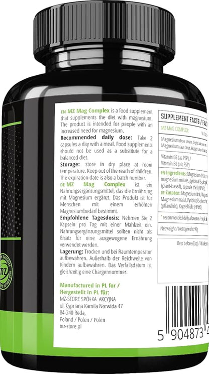 Magnesium Complex - 200 mg Elemental Magnesium per Daily Dose - 120 Vegan Capsules - Magnesium Citrate, Malate, Diglycinate and Vitamin B6-2 Months Supply - by MZ