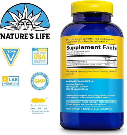 Natures Life Renewing Magnesium 500 mg - Magnesium Citrate, Magnesium Malate, Magnesium Oxide Plus Vitamin B-6 - Muscles and Nerves Support - Lab Verified (250 Servings, 250 VegCaps)
