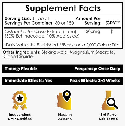 Nootropics Depot Cistanche tubulosa Tablets | 200mg | 180 Count | Minimum 50% Echinacoside + 10% Acetoside (Verbascoside) | Promotes Physical Strength and Energy | Promotes Vitality