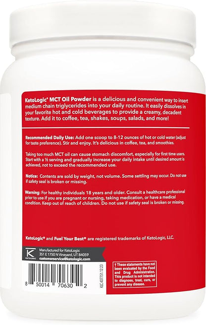 Ketologic MCT Oil Powder (1 LB) (French Vanilla) - 41 Servings, Medium Chain Triglycerides Powder Supplement