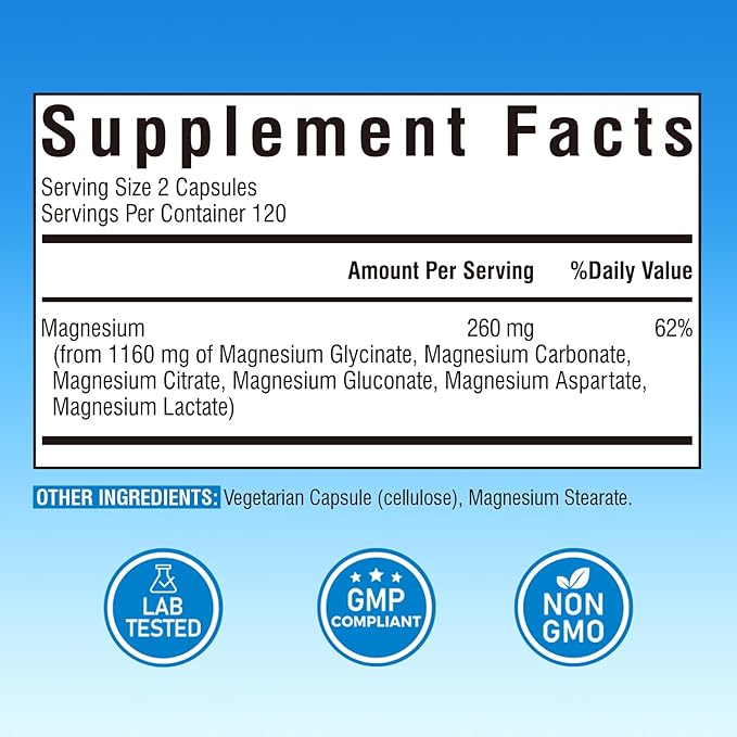 Magnesium Complex Supplement 6 in 1, 1160mg Chelated Magnesium Glycinate, Citrate, Aspartate, Gluconate, Carbonate & Lactate for Sleep, Calm & Muscle, No Oxide