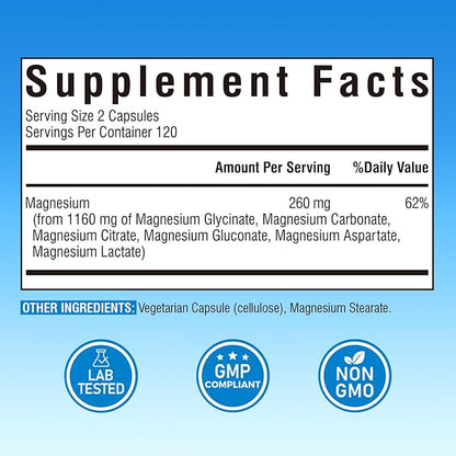 Magnesium Complex Supplement 6 in 1, 1160mg Chelated Magnesium Glycinate, Citrate, Aspartate, Gluconate, Carbonate & Lactate for Sleep, Calm & Muscle, No Oxide