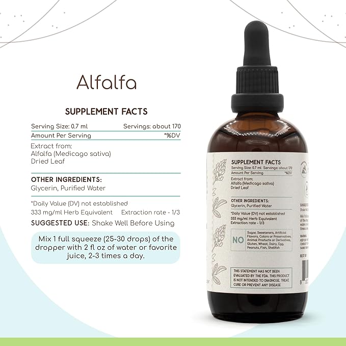Alfalfa B120 Alcohol-Free Herbal Extract Tincture, Concentrated Liquid Drops Natural Alfalfa 4 fl oz