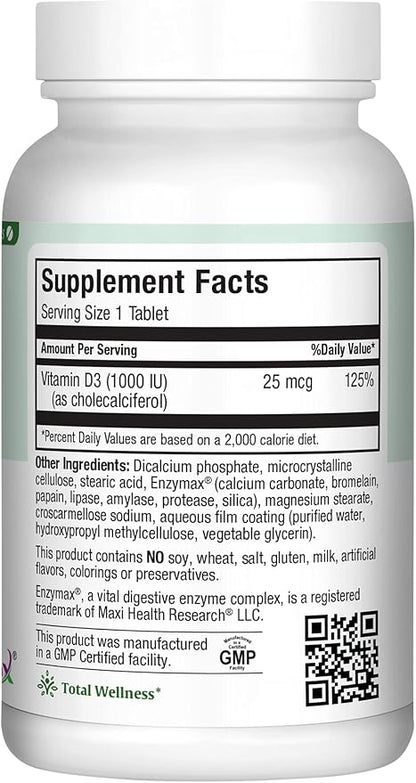 Maxi Health Vitamin D3 1000 IU Dietary Supplement - Easy to Swallow - Odorless & Tasteless - Supports Calcium Absorption, Immune Health and Bone Health in Adult Women & Men - 90 Tablets