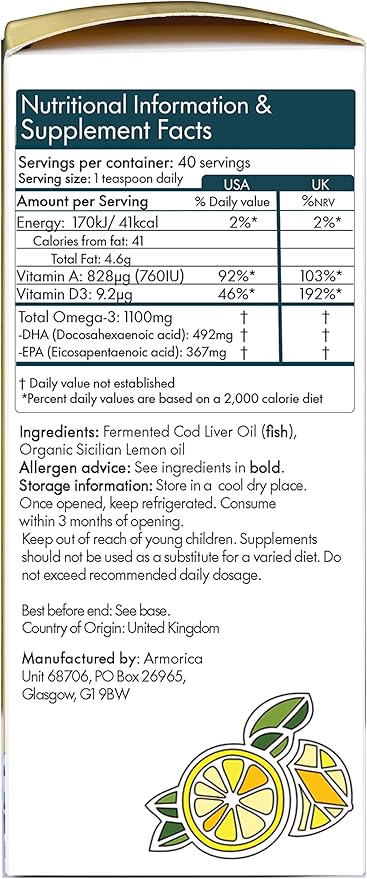 Fermented Cod Liver Oil - Cold Processed, Lacto-Fermented & Raw Cod Liver Oil - Made Exclusively with Atlantic Cod (Sicilian Lemon (Organic), 200ml (6.67Fl oz))