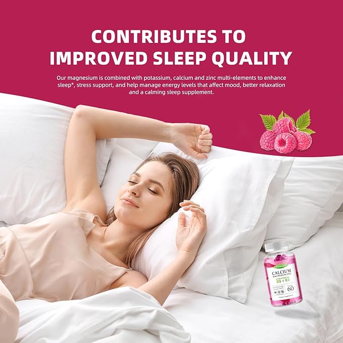 Calcium Magnesium Zinc Gummies with Vitamin D3 & K2 - High Potency Enhanced Absorption -60 Raspberry Gummies Flavored