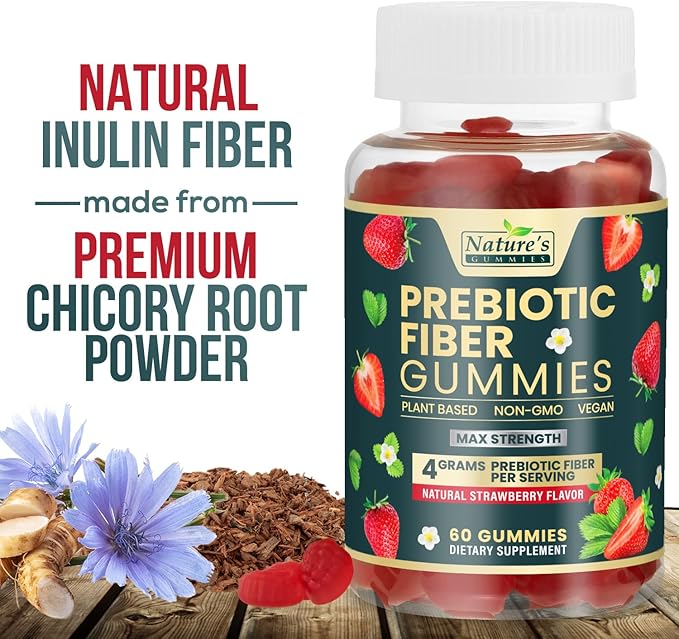 Fiber Supplement Gummies for Digestive Health & Regularity Support, Fiber 4g Gummy for Adults, Daily Prebiotic Supplements, Natural Prebiotic Fiber Gummy, Plant Based, Strawberry Flavored - 60 Gummies