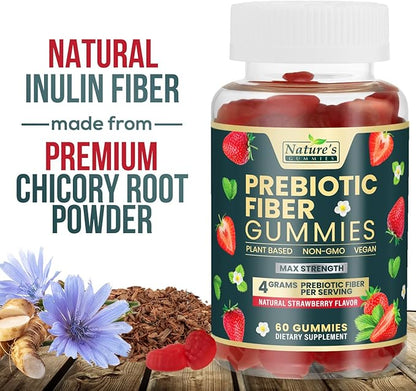 Fiber Supplement Gummies for Digestive Health & Regularity Support, Fiber 4g Gummy for Adults, Daily Prebiotic Supplements, Natural Prebiotic Fiber Gummy, Plant Based, Strawberry Flavored - 60 Gummies