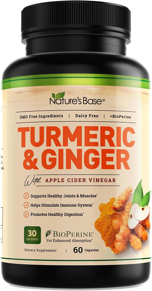 Nature's Base Turmeric Curcumin Supplement - with Ginger, Apple Cider Vinegar, & BioPerine Black Pepper Extract - 95% Curcuminoids - 60 Capsules