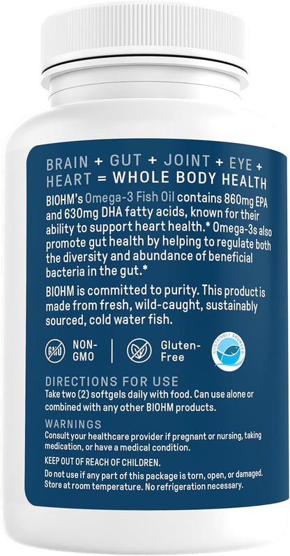BIOHM Omega-3 Fish Oil (2500mg, 60 Softgels) High Potency 860mg EPA & 630mg DHA, Omega 3 Fatty Acid Supplements to Support Brain, Joint, Eye, Liver & Gut Health, Sustainably Sourced
