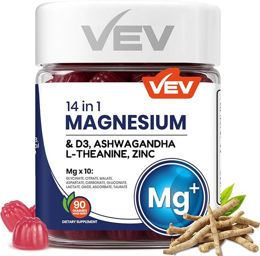 VEV Magnesium Glycinate & Citrate Gummies – Ashwagandha Gummies with D3 & Zinc – Cortisol Supplements for Women – Sugar-Free Vegan Magnesium Complex Gummies – 90 Count