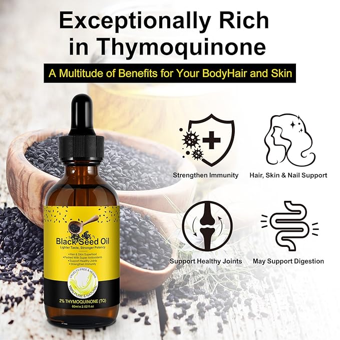 Black Seed Oil Organic Cold Pressed Organic Black Seed Oil 100% Pure And Natural Liquid, Enriched With High Tq & Dynamic Harmony Of Omegas 3 6 9 For Dry Damaged Hair Growth Skin Care Nourishment