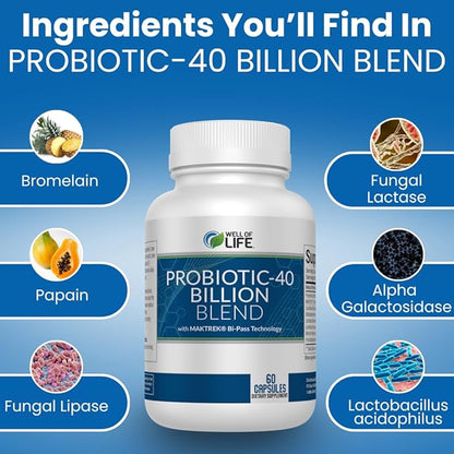 Well of Life Probiotic-40 Billion: Helps Gut Health & Digestive Support. 4 Strain Blend, 40 Billion CFU. Enhances Nutrient Absorption, Metabolism. 60 Capsules. Non-GMO, Made in USA.