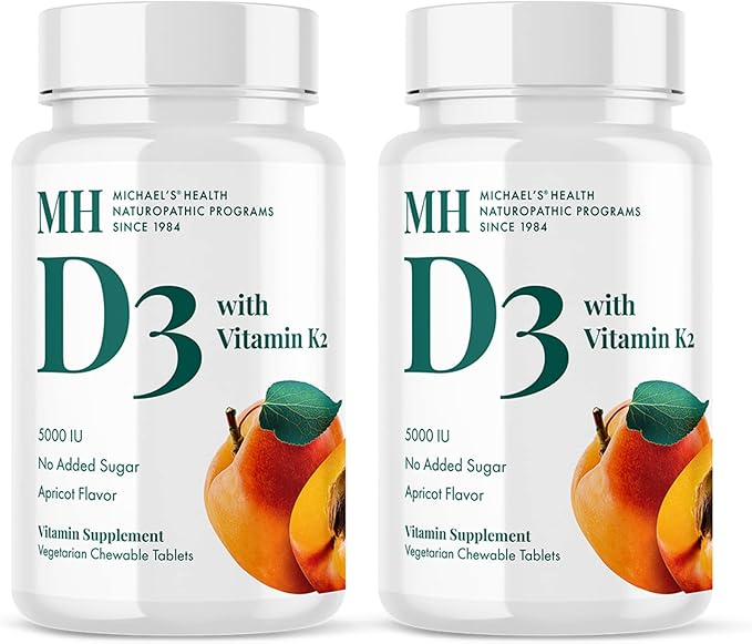 MICHAEL'S Health Naturopathic Programs Vitamin D3 with K2 - 90 Chewable Tablets, Pack of 2 - Apricot Flavor - Skeletal & Immune System Support - No Added Sugar - Vegetarian - 180 Total Servings