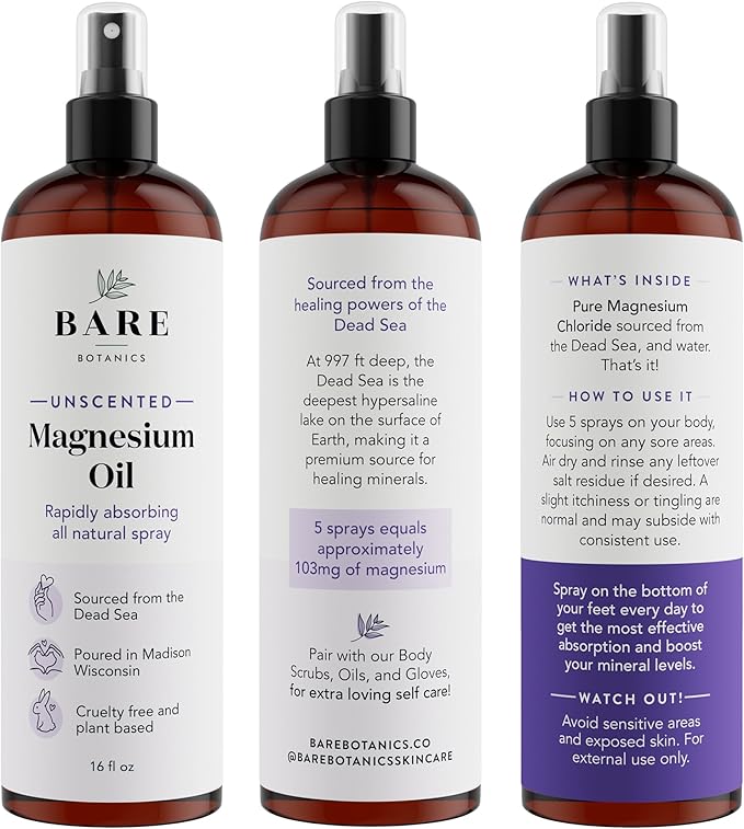 Bare Botanics Unscented 16oz Pure Magnesium Oil Spray from The Dead Sea | Rapidly Absorbing | Handpoured in Madison, WI | Supports Sleep & Soothes Sore Muscles