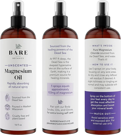 Bare Botanics Unscented 16oz Pure Magnesium Oil Spray from The Dead Sea | Rapidly Absorbing | Handpoured in Madison, WI | Supports Sleep & Soothes Sore Muscles
