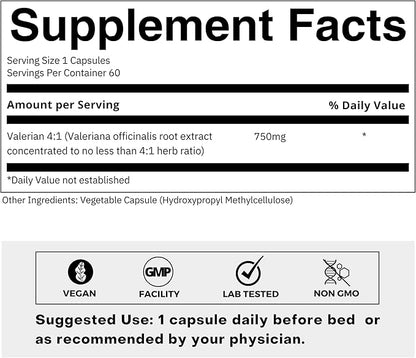 Valerian Root 4:1 Extract Capsules 750mg – Optimized Active Purity – 4X Concentration Valerian Root Extract Supplement - Gluten Free, Non-GMO – Promotes Relaxation - 60 Capsules