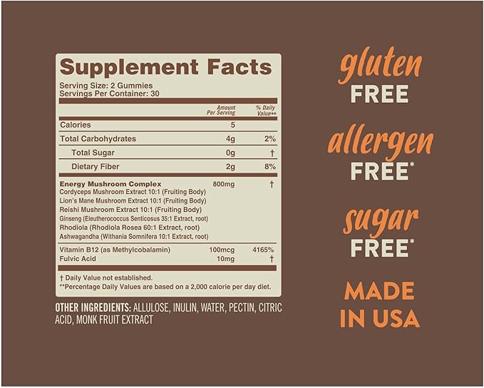 Mushroom Energy&Focus Sugar Free Gummies - Mushroom Supplement with Reishi, Cordyceps, Lion’s Mane, and Ginseng for Natural Energyand Mental Clarity - Natural Horchata Flavor, Gluten-Free, 60 Gummies