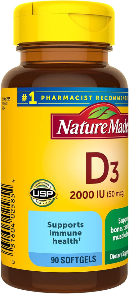 Nature Made Vitamin D3 2000 IU (50 mcg), Dietary Supplement for Bone, Teeth, Muscle and Immune Health Support, 90 Softgels, 90 Day Supply (Pack of 2)