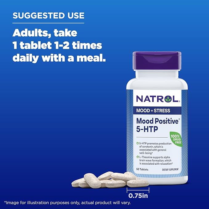 Natrol Mood Positive 5-HTP 50mg With L-Theanine, Vitamin B6, Vitamin B12 and Folate, Dietary Supplement Helps Support a Positive Mood, 50 Tablets, 25-50 Day Supply (Pack of 12)