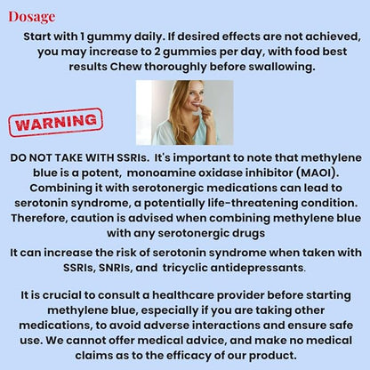 Methylene Blue gummies 12mg Methylene blue for humans with Added Vitamin C, NAD ,L Methylfolate, Methylcobalamin b12, Mitochondrial Support, Brain health & Focus, Clarity, methylated vitamins