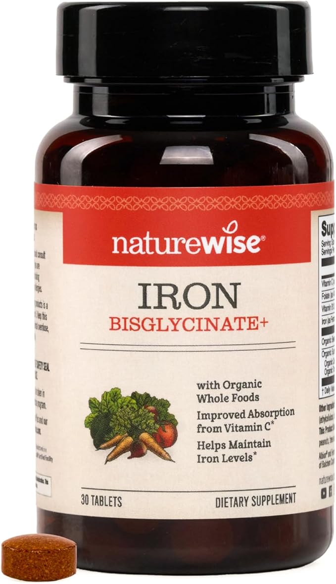 NatureWise Vegan Iron Supplement for Women & Men - Gentle on Stomach High Absorption - Coated Iron Bisglycinate Tablets + Vitamin C, Methyl B12, Folate & Organic Food Blend - 30 Tablets[30-Day Supply]
