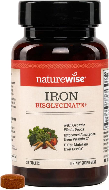 NatureWise Vegan Iron Supplement for Women & Men - Gentle on Stomach High Absorption - Coated Iron Bisglycinate Tablets + Vitamin C, Methyl B12, Folate & Organic Food Blend - 30 Tablets[30-Day Supply]