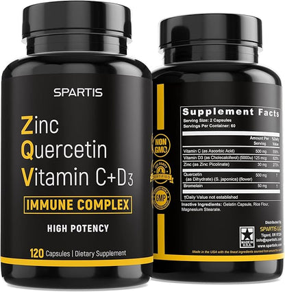 Zinc Quercetin 500mg with Vitamin C Vitamin D3 Bromelain Immune Support High Potency Quercetin Zinc Supplement ZQV by SPARTIS (Pack of 1 Bottle at 120-Caps)