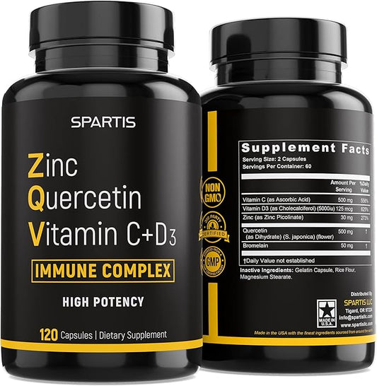 Zinc Quercetin 500mg with Vitamin C Vitamin D3 Bromelain Immune Support High Potency Quercetin Zinc Supplement ZQV by SPARTIS (Pack of 1 Bottle at 120-Caps)