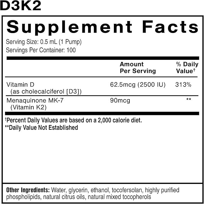 Quicksilver Scientific Nanoemulsified D3K2 - Emulsified Liquid Vitamin D3 + K2 MK7 Liposomal Supplement for Heart, Bone Health + Immune Support - Bioactive 2500IU for Enhanced Absorption (1.7oz/50ml)