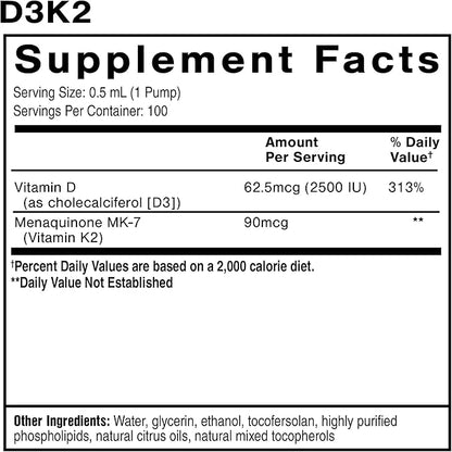 Quicksilver Scientific Nanoemulsified D3K2 - Emulsified Liquid Vitamin D3 + K2 MK7 Liposomal Supplement for Heart, Bone Health + Immune Support - Bioactive 2500IU for Enhanced Absorption (1.7oz/50ml)