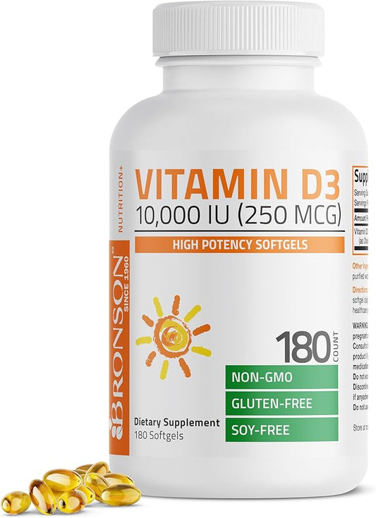 Bronson Vitamin D3 10,000 IU (250 mcg) High Potency - Supports Healthy Immune System, Strong Bones, Muscles & Teeth - Non GMO, 180 Softgels