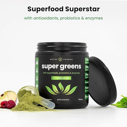 NutraChamps Super Greens Powder Premium Superfood | 20+ Organic Green Veggie Whole Foods | Wheat Grass, Spirulina, Chlorella | Antioxidant, Digestive Enzyme & Probiotic Blends (9.0 Oz, Unflavored)