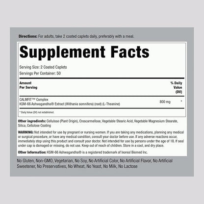Piping Rock KSM-66 Ashwagandha L-Theanine | 800mg | 100 Caplets | Root Extract | Advanced Complex Supplement | Vegan, Non-GMO, Gluten Free