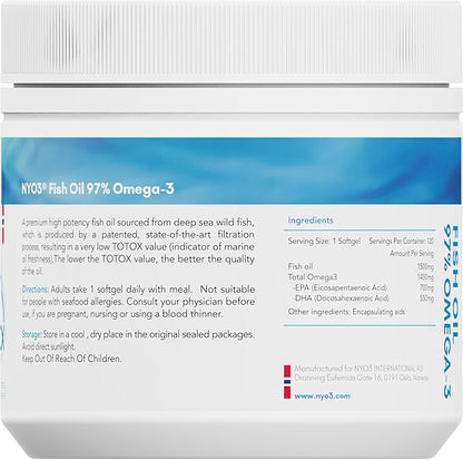 Omega 3 Fish Oil 1500mg with DHA & EPA Fatty Acids, 97% Omega 3 Supplement 120 Softgel –Burpless for Heart, Brain & Joint Health