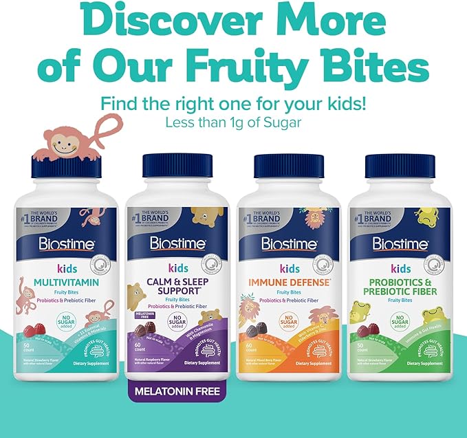 Biostime Kids Multivitamin Gummies with Probiotics & 11 Essential Vitamins (Ages 4+) | Multivitamin for Kids | No Added Sugar Fruity Bites | Free from Top 9 Allergens | 50 Count