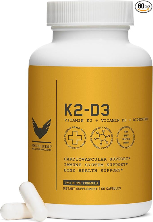 High Level K2-D3, Vitamin K2 Supplement, Dual Action Support Complex with Bioperine (Black Pepper) & 5000IU D3 Cholecalciferol, Support for Heart, Bone & Health Defense, 100MCG, 60 Veggie Capsules