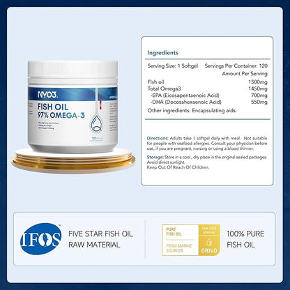 Omega 3 Fish Oil 1500mg with DHA & EPA Fatty Acids, 97% Omega 3 Supplement 120 Softgel –Burpless for Heart, Brain & Joint Health