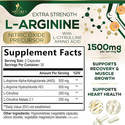 L-Arginine Supplement 1000mg - Heart Health Support - Premium Muscle Supporting Nitric Oxide Precursor Booster for Extra Strength - Gluten Free, Amino Acid Energy Blend For Men - 60 Capsules