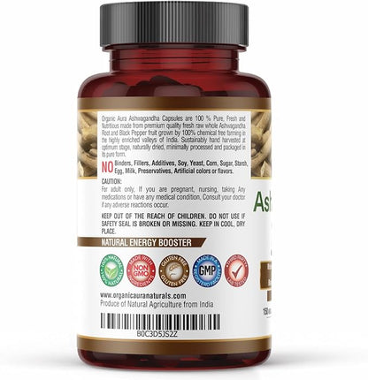 Ashwagandha with Pepper Capsules 1500mg -150 Veg Capsules. Non GMO - Gluten Free.